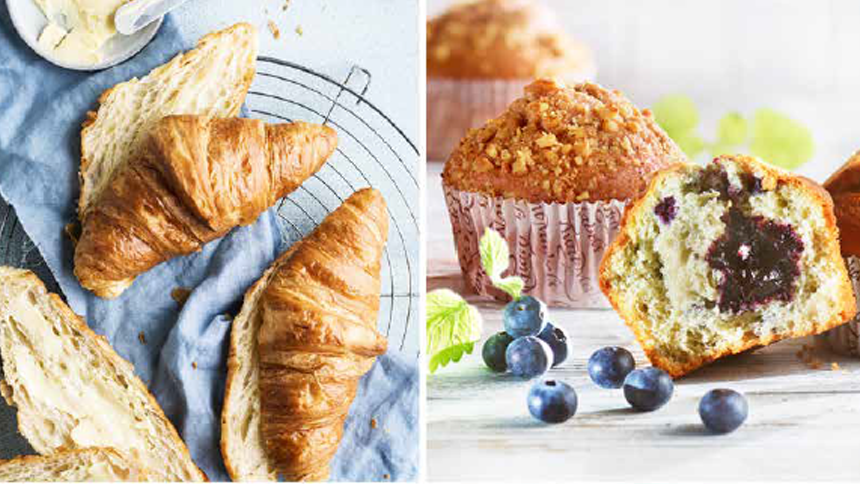 To oppskåret croissant og en blåbærmuffins