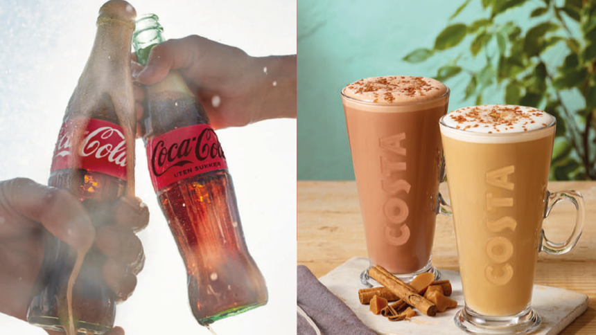 To flasker med Coca-Cola og to glass med iskaffe